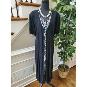 Vintage Alix Taylor Black 100% Rayon V-Neck Short Sleeve Long Maxi Dress Size 22